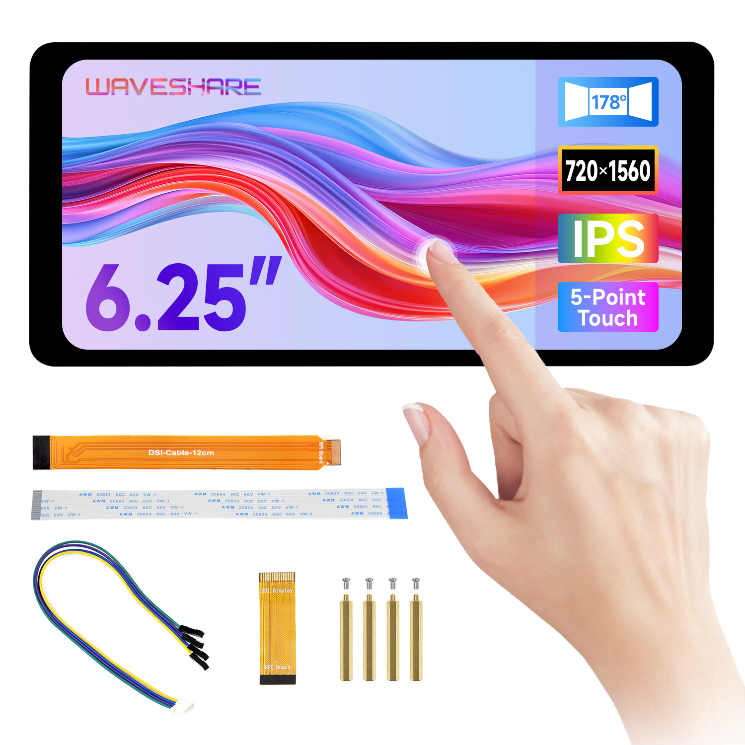 Waveshare 6.25inch DSi cảm ứng điện dung hiển thị cho Raspberry Pi 5/4B/3B ,720 × 1560, IPS quang liên kết Kính cường lực Bảng điều khiển, DSi