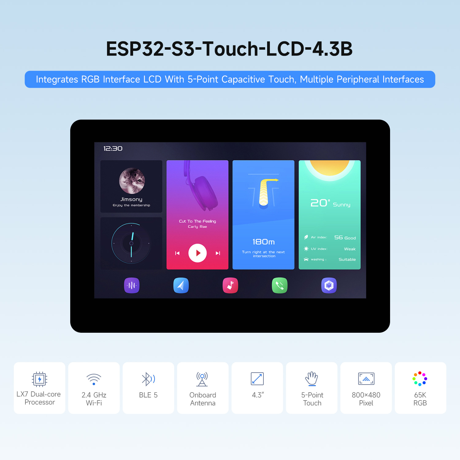 Waveshare ESP32-S3 4.3inch cảm ứng LCD ban phát triển Loại B, 800 × 480, 5-điểm cảm ứng, 32-bit LX7 Dual-core Bộ vi xử lý