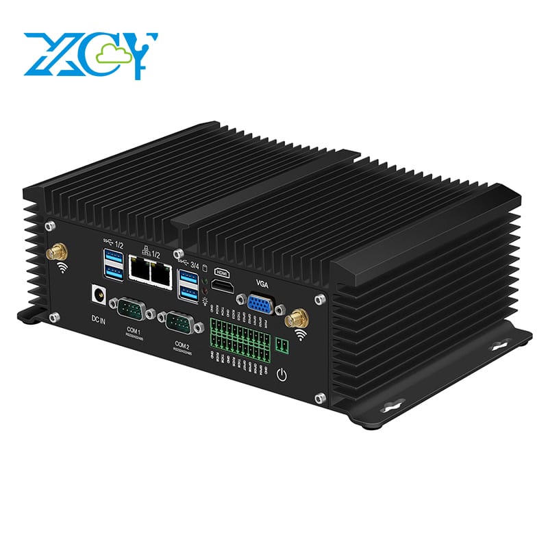 Xcy máy tính PC mini công nghiệp fanless I7 8550u i5 8250u 6x RS232 RS485 2X Lan GPIO HDMI VGA 8X USB hỗ trợ wifi 4G LTE Windows Linux