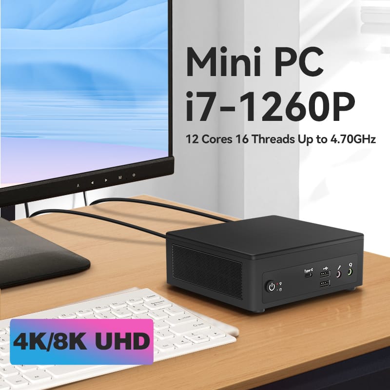 Gamer văn phòng Mini PC Intel Core I7 1260P bộ vi xử lý 12 lõi Windows 11 DDR4 M.2 NVMe SSD dual-band Wifi 4K 8K UHD hiển thị