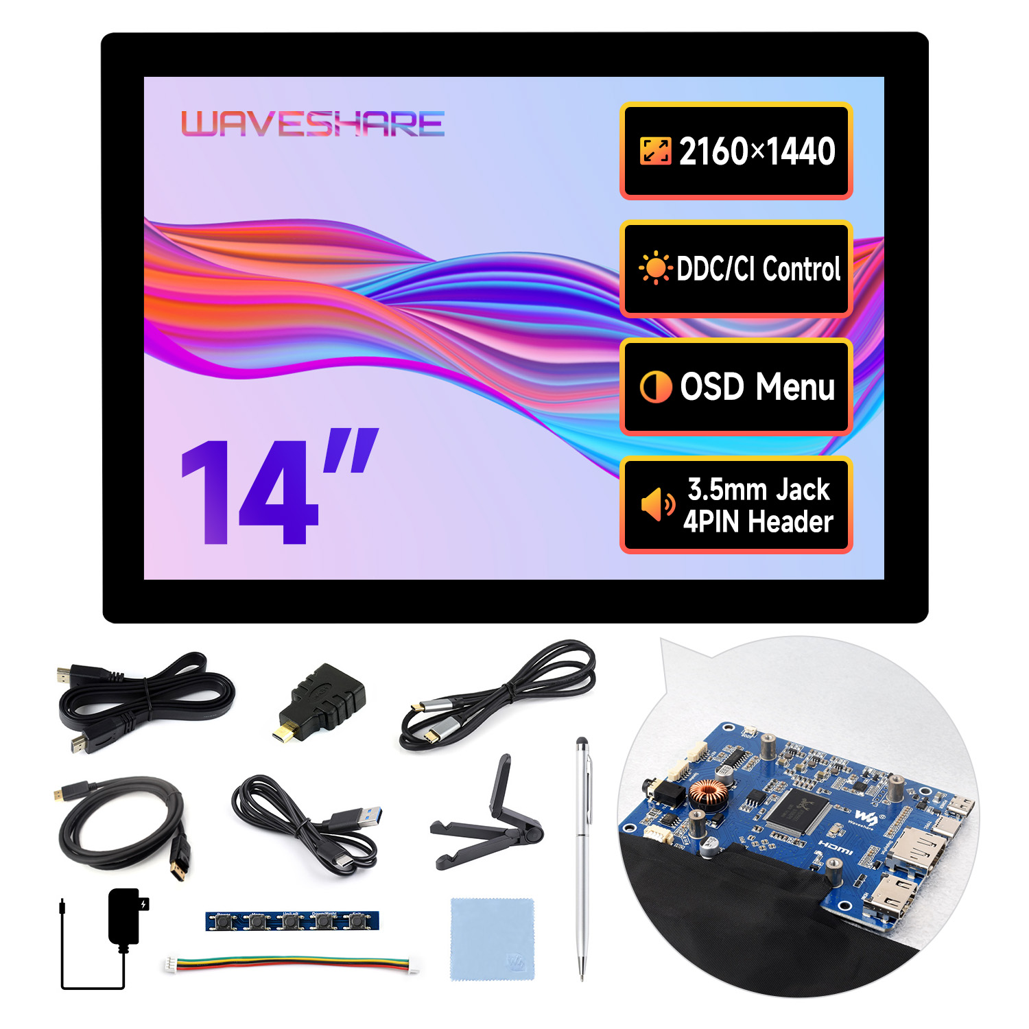 Màn hình cảm ứng điện dung 14inch 2K Waveshare, 2160 × 1440, chất lượng hình ảnh độ phân giải cao, cảm ứng 10 điểm, liên kết quang được gia cố
