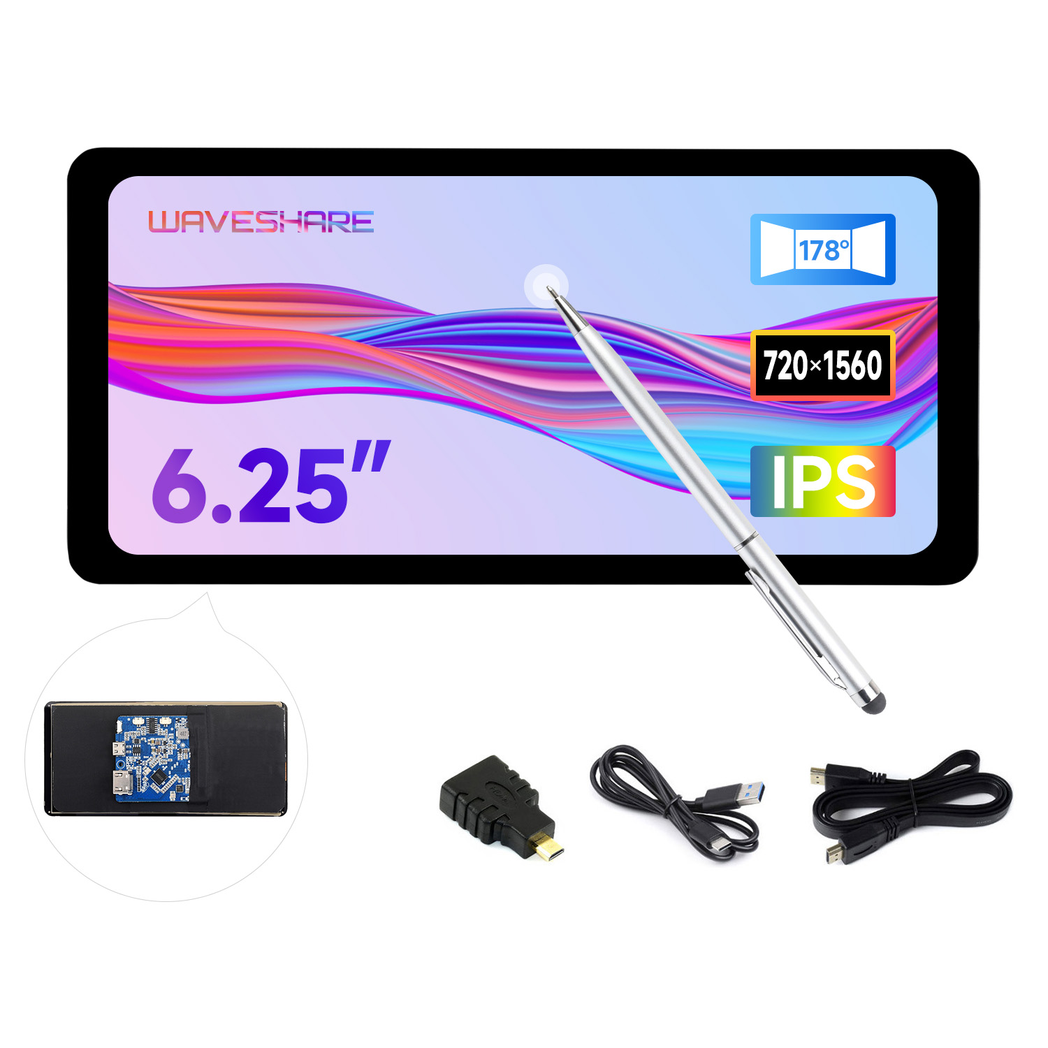 Màn hình cảm ứng điện dung 6.25inch Waveshare, 720 × 1560, bảng điều khiển kính cường lực liên kết quang học, giao diện HDMI, IPS, cảm ứng 5 điểm