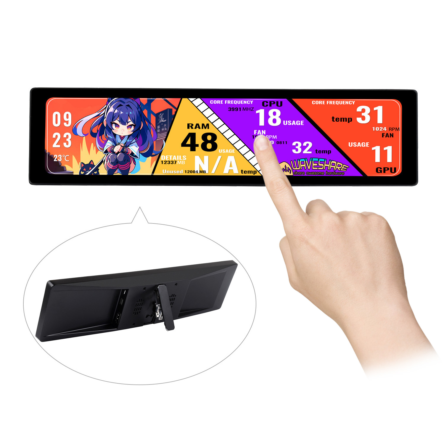 Màn hình IPS 11.9inch Waveshare, bảng kính cường lực 320 × 1480, HDMI, chức năng cảm ứng tùy chọn, màn hình bên, màn hình Temp PC